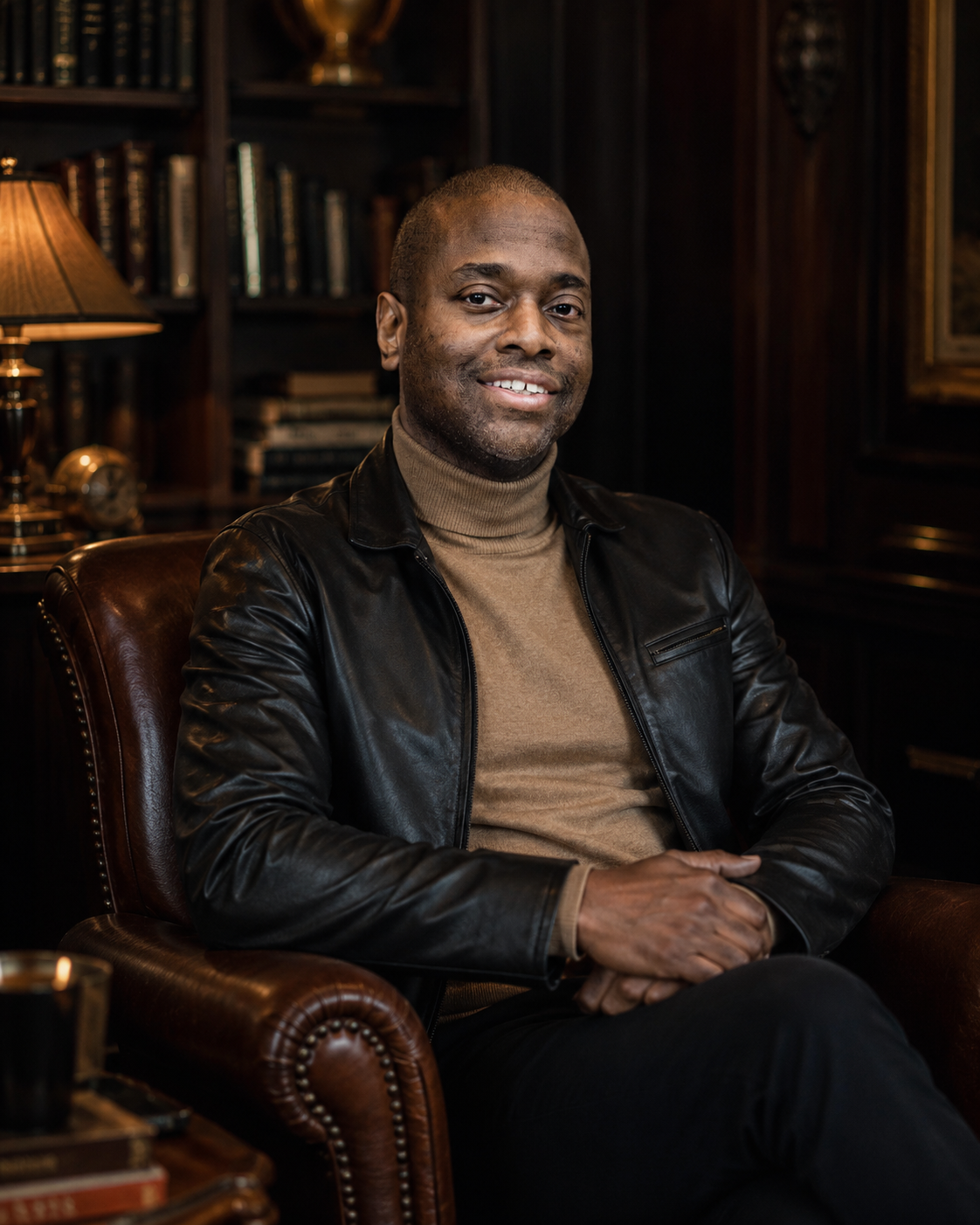 Martin Sterling seated in a library